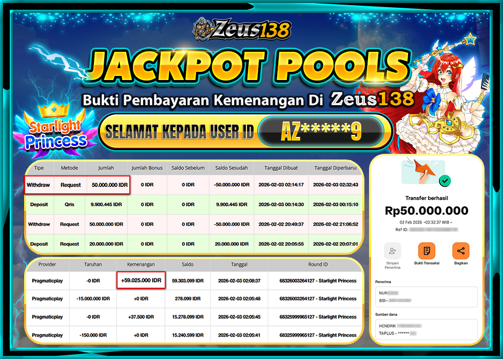 ZEUS138 STARLIGHT PRINCESS Rp.50,000,000 LUNAS